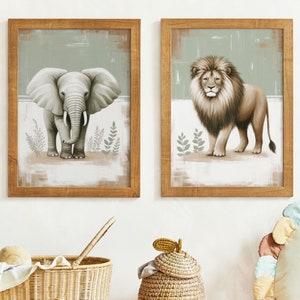 Elephant & Lion Nursery Wall Art, Safari Animal Kids Room Decor, Vintage Nursery Animal Art,  Cute Animal Kids Room Decor,PRINTABLE Kids Art