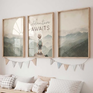 Adventure Awaits Print, Adventure Wall Art Boy, Mountain Nursery Prints, Quote Nursery Art, Forest Toddler Room Decor, Printable Nursery Art