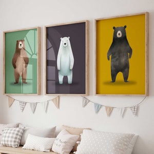 Bear Nursery Decor, Printable Woodland Animal Prints, Set of Three, Colorful Nursery Wall Art, Whimsical Brown, Black and Polar Bear