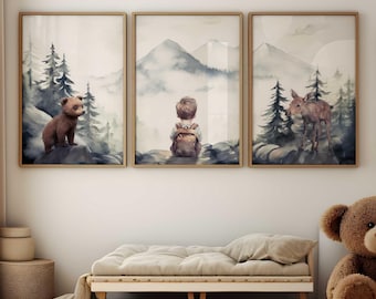 Bear & Moose Nursery Decor, Woodland Nursery Art, Forest Animal Art, Set of 3 Prints, Baby Moose, Bear Wall Art, Printable Boy Room Decor