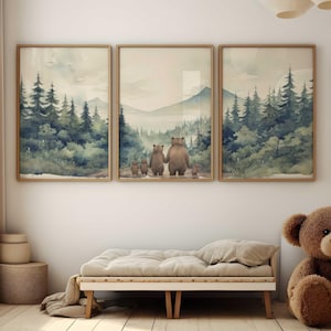 Bärenfamilie Kunst, Bären-Kinderzimmer-Dekor, fünfköpfige Familie, Bären-Babyzimmer, Tierfamilien-Porträt, 3er-Set, Jungenzimmer, druckbare Familienkunst