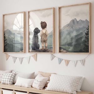 Labrador Nursery Wall Decor, Black Labrador Prints, Dog Nursery Art, Girl & Dog Painting, Set of 3, Black Lab Portrait, Printable Dog Art