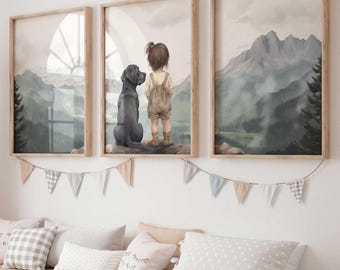 Labrador Nursery Wall Decor, Black Labrador Prints, Dog Nursery Art, Girl & Dog Painting, Set of 3, Black Lab Portrait, Printable Dog Art