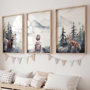 Woodland Animal Nursery Decor, Forest Animal Prints, Bear & Fox Art, Forest Prints Nursery, Boys Room Animal Art, Printable Kids Room Decor