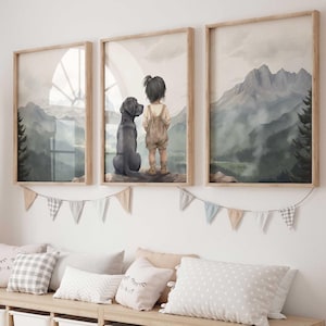 Labrador Nursery Decor, Black Labrador Prints, Girl & Dog Painting, Dog Nursery Wall Art, Set of 3, Girls Room, Black Lab, Printable Dog Art