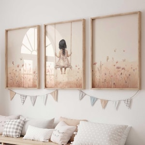 Girly Vintage Wall Art, Girl on a Swing Painting, Toddler Girl Room Decor, Cottagecore, Set of 3, Wildflower Nursery, PRINTABLE Girl Art