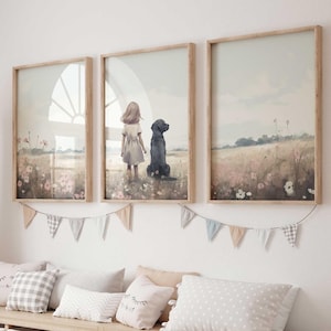 Labrador Nursery Art, Girl & Dog Painting, Dog Nursery Decor, Set of 3, Labrador Retriever Print, Black Lab Painting, Printable Dog Wall Art