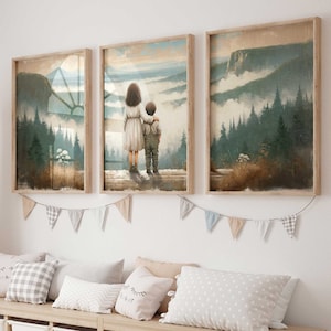 Arte de pared de hermano y hermana, impresión de niño y niña, pintura de hermanos, guardería de aventuras, arte de guardería de montaña, decoración de sala de juegos, arte infantil imprimible
