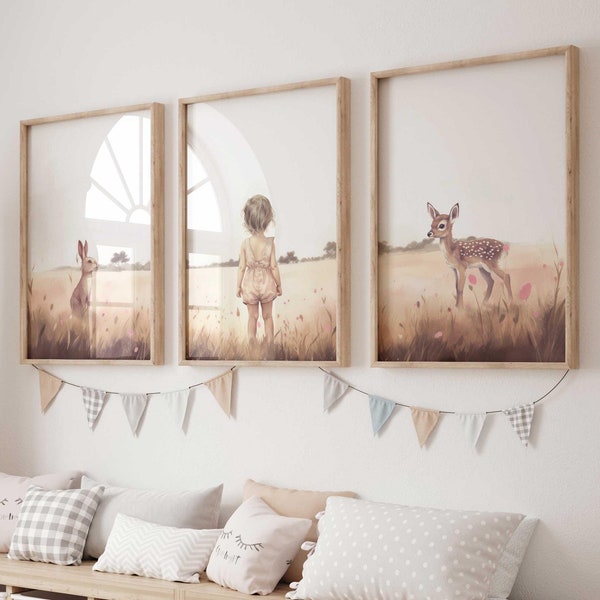 Bunny & Deer Nursery Decor for Girls, Animal Nursery Art, Set of 3, Deer and Bunny, Girls Room Decor, Wildflowers, Printable Girl Wall Art