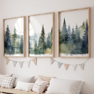 Aquarell Wald Wandbild, Schöne Wald Kinderzimmer Dekor, Kiefernwald Druck, printable Art