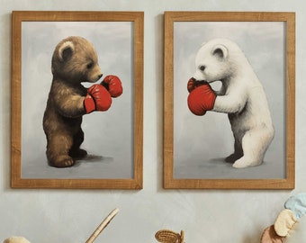 Bear Nursery Decor, Cool Boys Room Decor, Boxing Art, Nursery Room Print for Little Boys, Set of 2, Bear Boxing Match, Woodland Animal Art