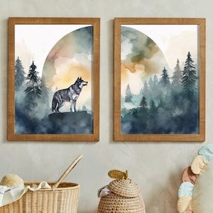 Wolf Art Prints, Wolf in the Forest Full Moon Wall Art, Watercolor Wolf Painting, Woodland Animal Decor, Set of 2, Printable Art