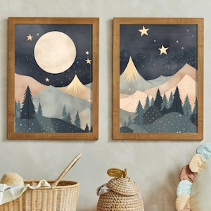 Berg Kinderzimmer Dekor, Mond & Sterne Kinderzimmer Wandkunst, Kinderzimmer Wald Natur Drucke, 2er-Set, druckbare Spielzimmer Kunst