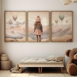Girl Adventure Print, Girls Adventure Nursery Decor, Hot Air Balloon Print Nursery, Girl&#39;s Room Decor, PRINTABLE Girl Wall Art, Set of 3