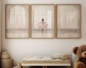 Ballerina Nursery Decor, Ballet Wall Decor, Pink Girl&#39;s Room, Ballet Painting, Set of 3, Ballerina Print, Girly Art,PRINTABLE Girl Wall Art