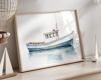 Fishing Boat Art Print, Nautical Nursery Decor, Vintage Nautical Art, Boat Print, Watercolor Boat, Sail Boat Print, Printable Kids Wall Art
