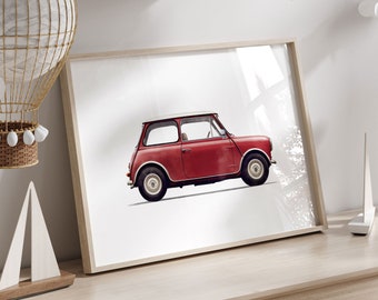 Watercolor Red Mini Cooper Print, Car Nursery Decor, Red Car Art, Vintage Car Decor for Kids, PRINTABLE Toddler Room Decor Boy