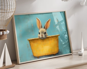 Vintage Bunny Badewanne Kinderzimmer Wandkunst, Tiere Baden, druckbare Kinderzimmer Dekor, niedliche Tiere, die Badewanne nehmen, druckbare neutrale Wandkunst Kinder