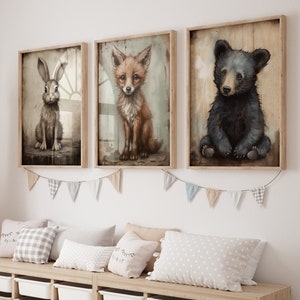 Rustic Nursery Decor, Unique Woodland Baby Animal Wall Art, Bear, Hare, and Fox, Set of 3, Printable Printable Art for Kids Room or Playroom