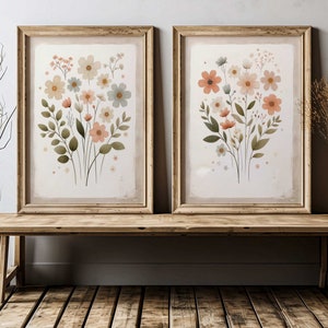 Wildflower Art Prints, Rustic Floral Decor, Vintage Floral Wall Art, Minimalist Flower Prints, Set of 2, PRINTABLE Wildflower Nursery Art