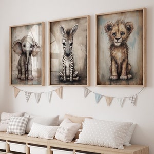 Safari Baby Animals Vintage Wall Art, Printable Set of Three, Elephant, Zebra and Lion Portraits, Distressed Nursery Decor