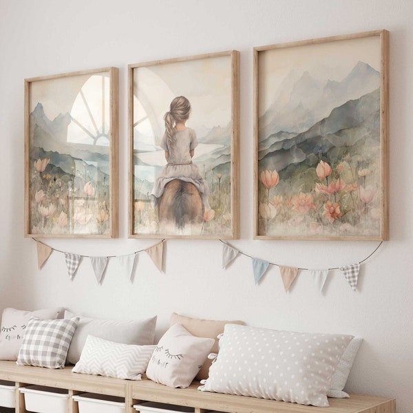 Horse Nursery Decor, Horse Gifts for Young Girls, Set of 3, Farmhouse Equestrian Art, Girls Bedroom Art, Digital Printable Girls Room Art