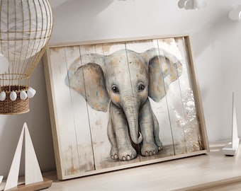 Baby Elephant Print, Safari Animal Art, Vintage Nursery, Baby Animal Art Kids, Rustic Nursery, Gender Neutral, Printable Childs Room Decor