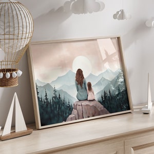 Moeder-dochter print, avontuurlijke muurkunst, moeder en dochter schilderij, moeder schilderij, rustieke kinderkamer decor meisje, AFDRUKBARE familie kunst aan de muur