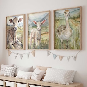 Nursery Farm Baby Animal Prints, Farmhouse Decor, Cow, Sheep and Goose, Kids Room Wall Art, Watercolor Kids Decor, Set of 3, Printable Art