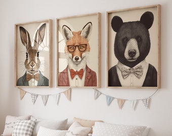 Woodland Animals Wall Art, Set of 3, Red Fox, Hare and Bear in Suits, Animals Wearing Clothes, Vintage Printable Decor, Digital Download