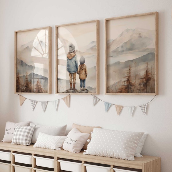 Siblings' Mountain Adventure - Vintage Style Wall Art, Set of 3, Muted Blue & Brown, Digital Print for Nursery, High-Res Triptych Artwork