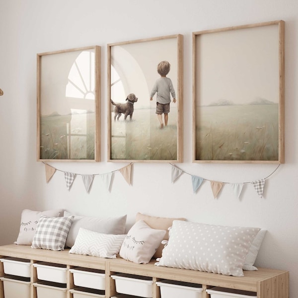 Labrador-Kinderzimmer-Dekor, Junge und Hund-Malerei, Junge und Hund-Kunstdruck, Welpen-Kinderzimmer-Dekor, braunes Labor-Wand-Kunst, druckbares Hunde-Kinderzimmer-Dekor