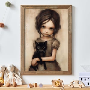 Vintage Nursery Wall Art, Cat Nursery Print, Little Girl with Black Cat, Whimsigoth Decor, Girls Room Decor, Printable Art for Girls