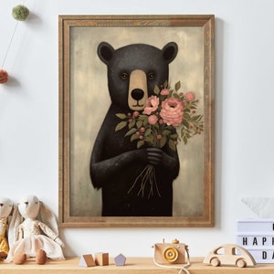 Vintage Black Bear Nursery Wall Art - Animal with Flowers Wall Art, Unique Nursery Decor, Printable Art for Your Kids Room