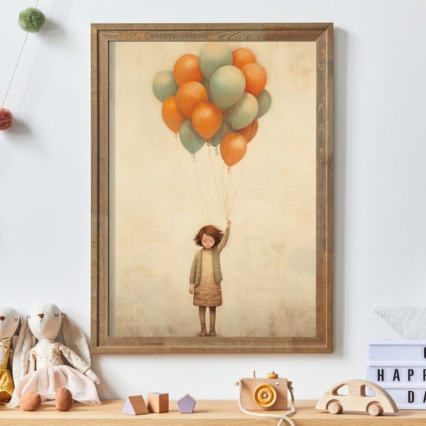 Vintage Minimalist Nursery Wall Art, Little Girl Holding Balloons, Digital Printable Kids Room Decor