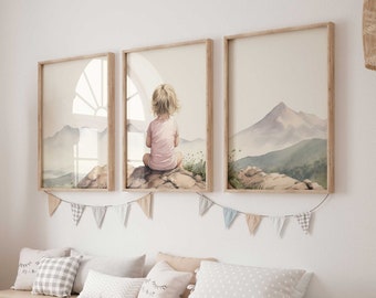 Adventure Nursery Decor Girl, Mountain Baby Room, Set of 3, Hiking Nursery Print, Girls Room or Playroom Wall Decor, Printable Girl Wall Art