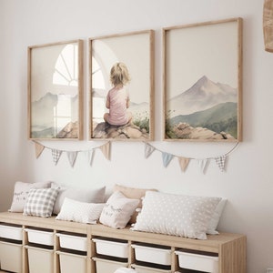 Adventure Nursery Decor Girl, Mountain Baby Room, Set of 3, Hiking Nursery Print, Girls Room or Playroom Wall Decor, Printable Girl Wall Art