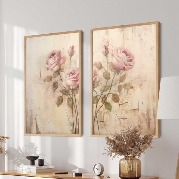 Pink Rose Print, Rose Flower Art, Rustieke Floral Wall Art, Set van 2, Vintage Roses Painting, Floral Farmhouse Wall Art, Afdrukbare bloemsierkunst