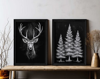 Deer Wall Art, Christmas Wall Art, xmas Decor, Set of 2, Modern Farmhouse Christmas Decor, Vintage Animal Print, Printable Chalkboard Art