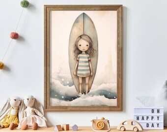 Surfer Nursery Decor, Unique Vintage Surfing Nursery Wall Art, Beach Nursery Print, Little Girl with Surfboard, Printable Girl's Room Print