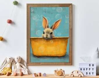 Vintage Kaninchen Badewanne Kinderzimmer Wandkunst, Tiere Baden, druckbare Kinderzimmer Dekor, niedliche Tiere in der Badewanne, printable Download, druckbar