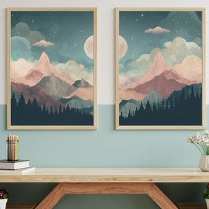 Mountain & Forest Wall Art, Printable Kids Room, Nursery or Living Room Decor, Teal and Pink Prints, Set of Two, Boho Style Painting