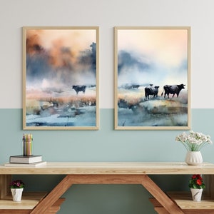 Cows Grazing at Sunset - Misty Landscape Watercolor Art, Set of Two, Printable, Exquisite Countryside Charm and Farm Animal Wall Art