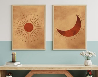 Boho Wall Art - Sun and Moon Decor, Night and Day Dual Print, Bohemian Landscape, Digital Printable Art, Set of Two