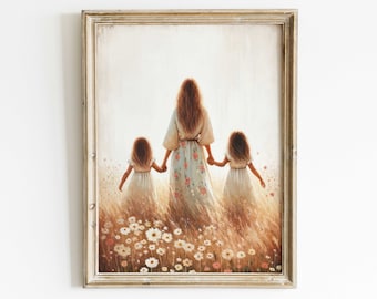May include: A framed painting of a mother and her two daughters walking through a field of wildflowers. The mother is wearing a long, floral dress and the daughters are wearing matching dresses. The painting is done in a soft, muted palette and has a warm, nostalgic feel.