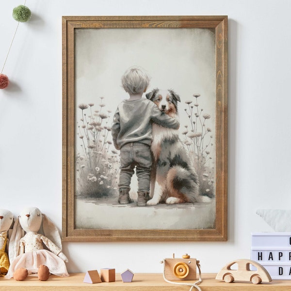Australian Shepherd Art Print: Boy and Dog Nursery Decor (Digital Download)
