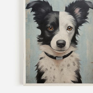 K&ouml;nnte beinhalten: Ein Gem&auml;lde eines schwarz-wei&szlig;en Border Collies mit braunen Augen. Der Hund schaut den Betrachter direkt an und hat einen freundlichen Ausdruck. Der Hintergrund ist hellblau.