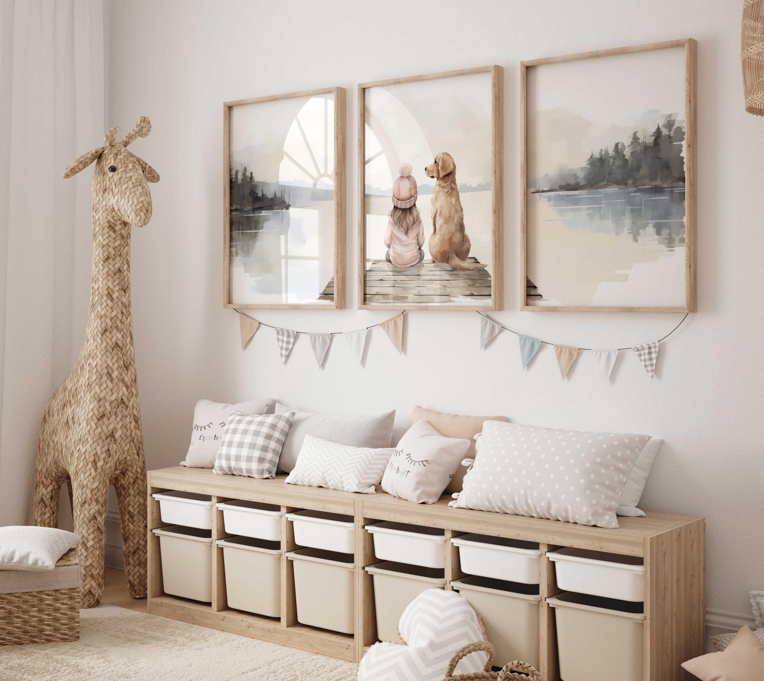 Impression de chambre de bébé Golden Retriever, art fille et chien, décoration de chambre d'enfant lac, art mural Golden Retriever, lot de 3, art chien imprimable pour chambre de filles