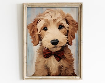 May include: A painting of a light brown dog wearing a red bow tie. The dog is looking directly at the viewer with a sweet expression. The background is a light blue and white abstract design.