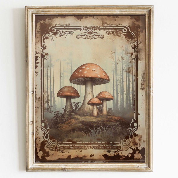 Decorazione di funghi Amanita, Arte della parete della foresta vintage, Stampa Amanita Muscaria, Decorazione della parete di natura rustica, Stampa d'arte dei funghi, Arte stampabile DIGITALE